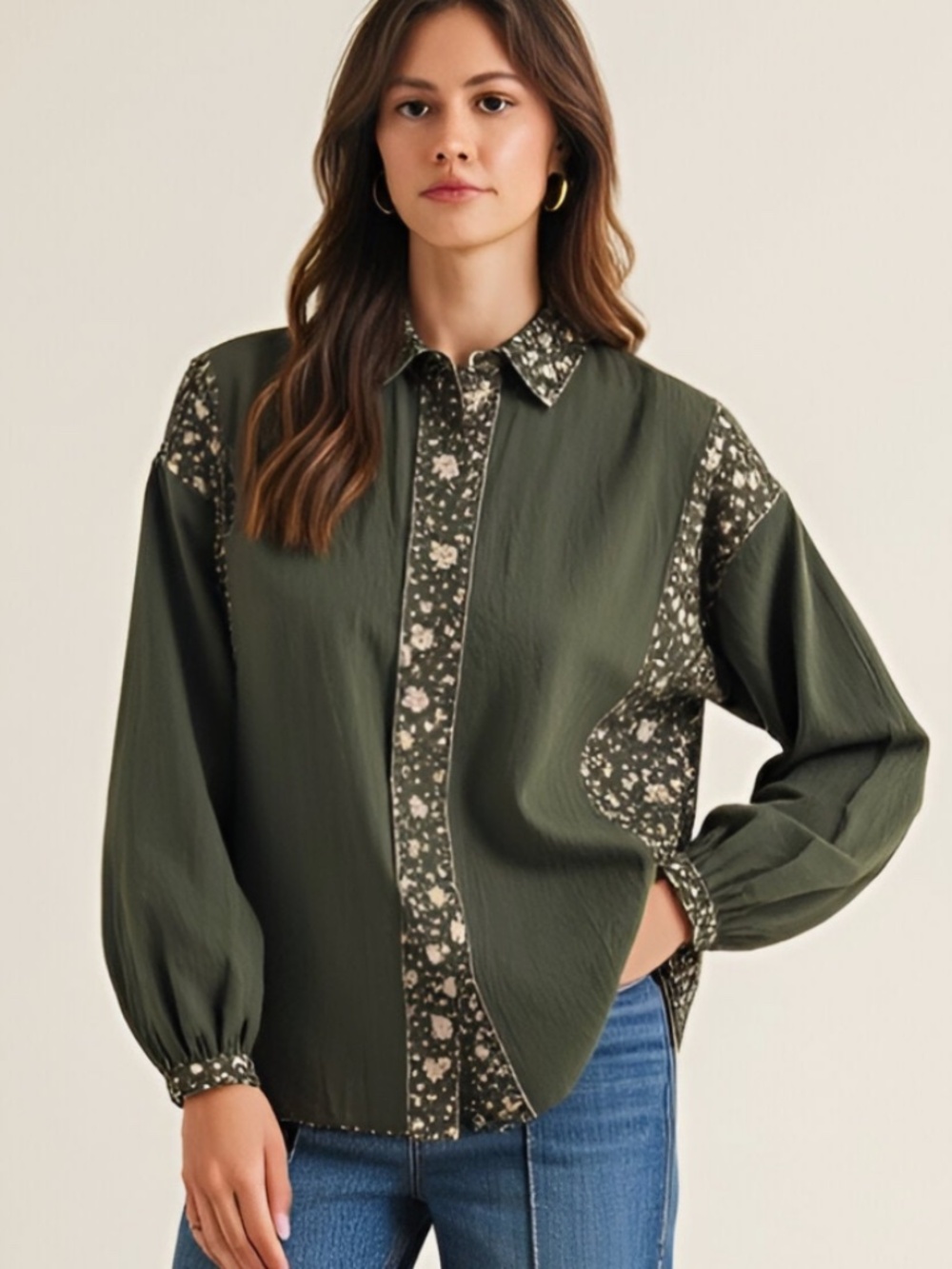 Green Long Sleeve Floral Print Trim Button Up Shirt Size Large